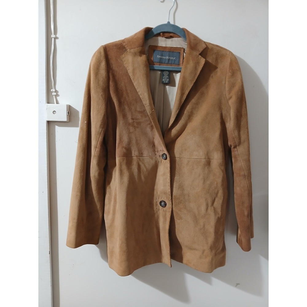 Vintage Banana Republic Suede Blazer Jacket Tan Leather Button Front Womens XS